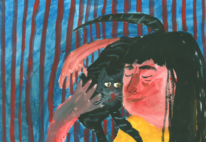 Cat Cuddles in a Stripy Room | Giclee Art Print